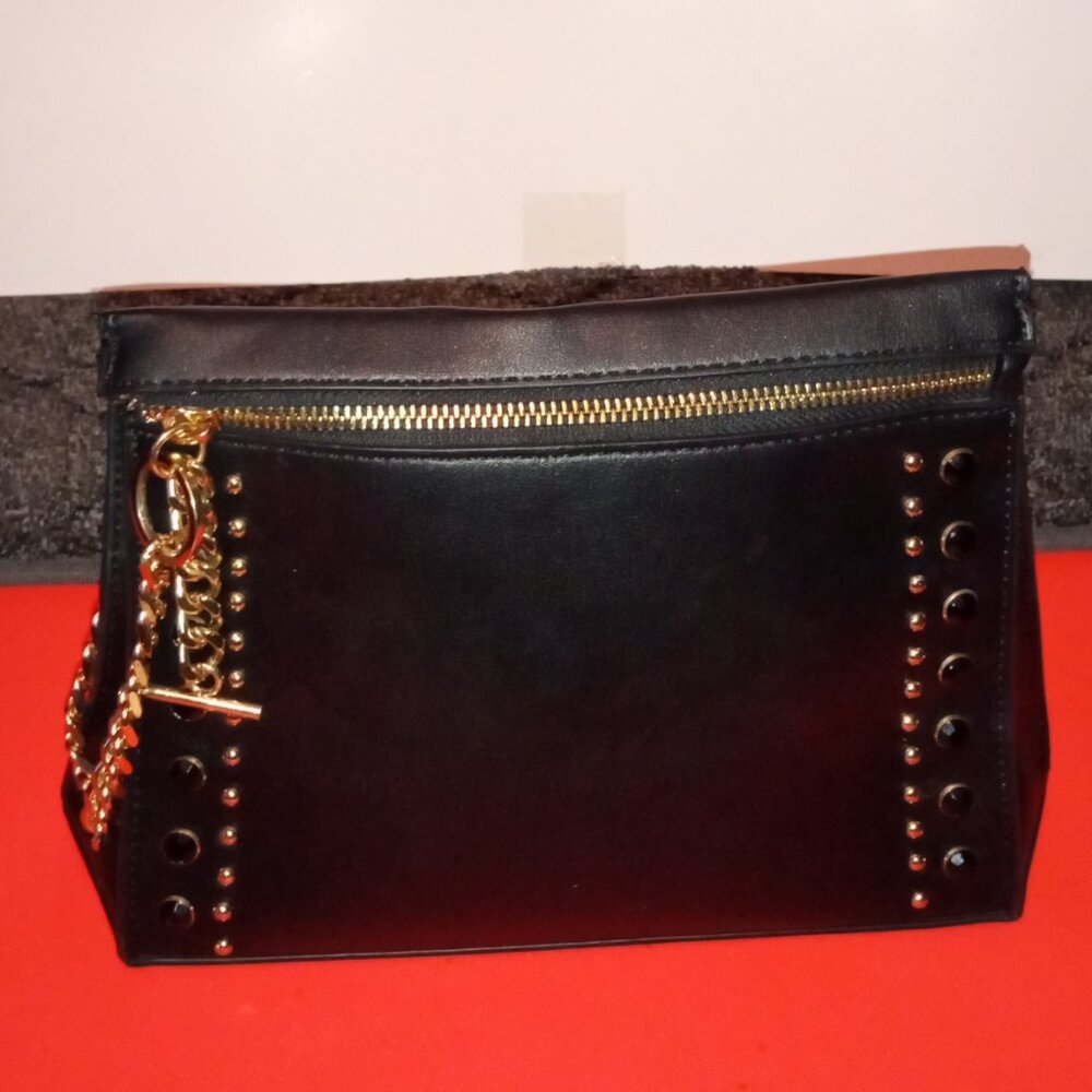 BLACK STUDDED CLUTCH SMALL PURSE WITH GOLD PLATED CHAIN HARDWARE